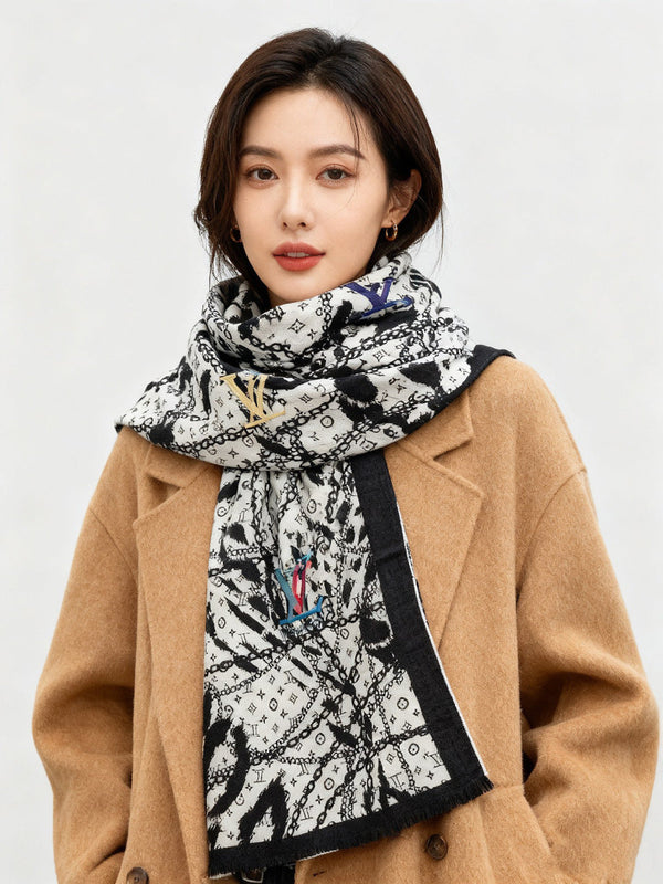 LV Double-Sided Shawl Scarf 140cm White Black Silk Cashmere 976738