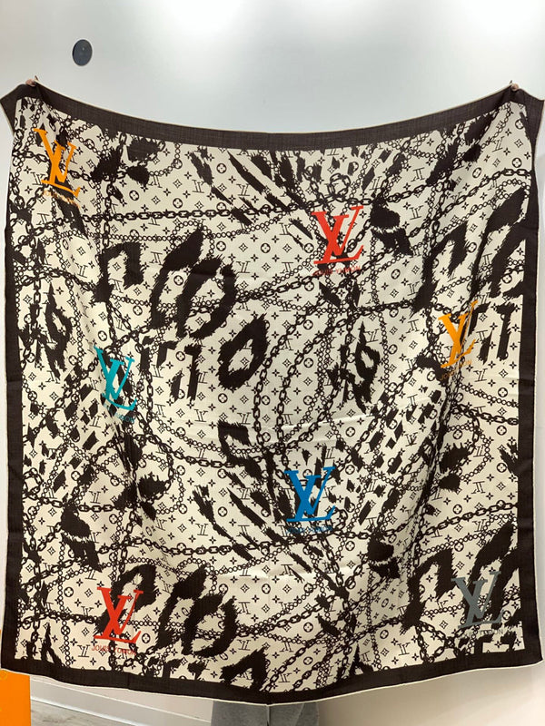 LV Double-Sided Shawl Scarf 140cm White Black Silk Cashmere 976740