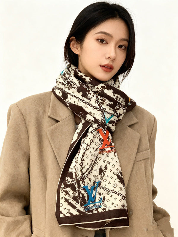 LV Double-Sided Shawl Scarf 140cm White Black Silk Cashmere 976740