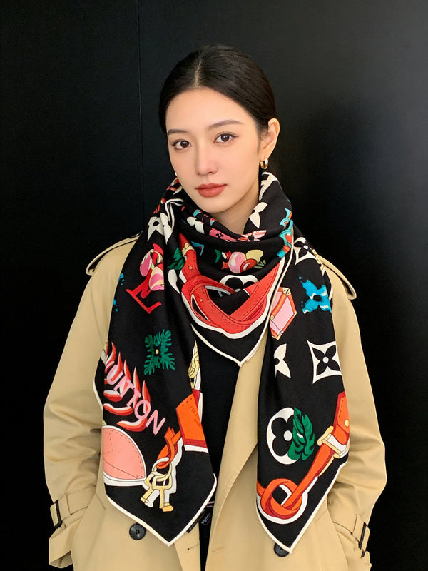 LV Scarf 135cm Black Multicolor Cashmere Mulberry Silk 976764