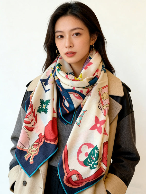LV Scarf 135cm White Multicolor Cashmere Mulberry Silk 976763