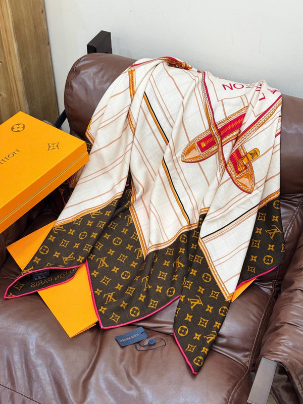 LV Scarf 135cm Black Brown Red Cashmere Silk 143712