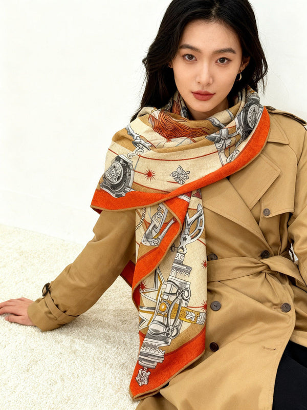 HM Starry Night Chorus Double-Sided Scarf 140cm Peach Orange Silk Cashmere 143719