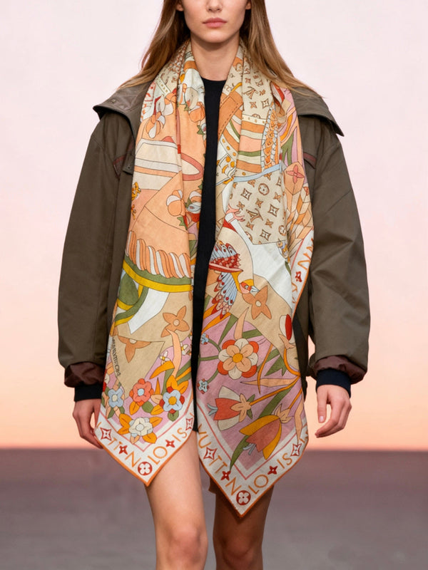 LV Double-sided Scarf 135cm Beige Cashmere Silk 143725