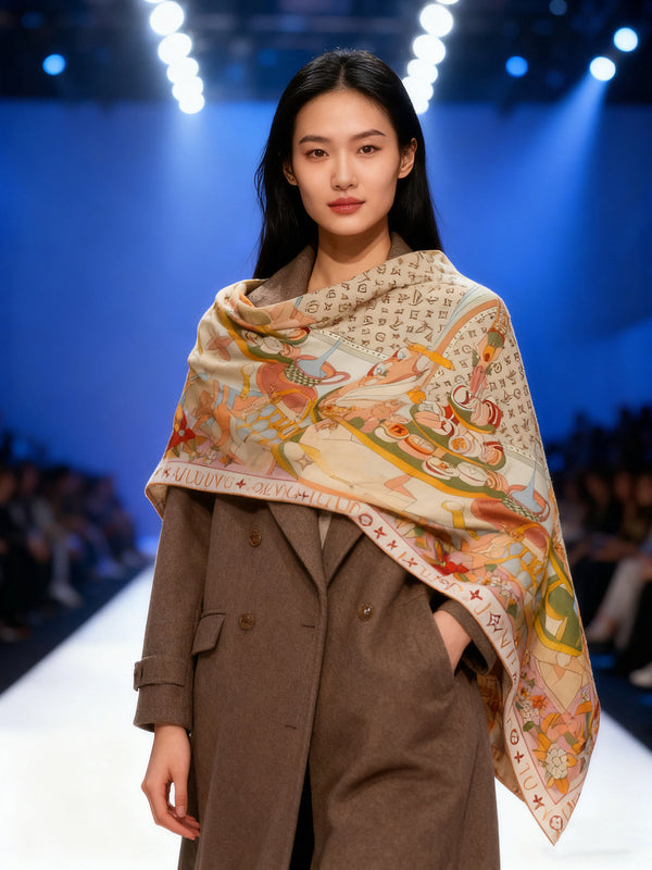 LV Double-sided Scarf 135cm Beige Cashmere Silk 143725