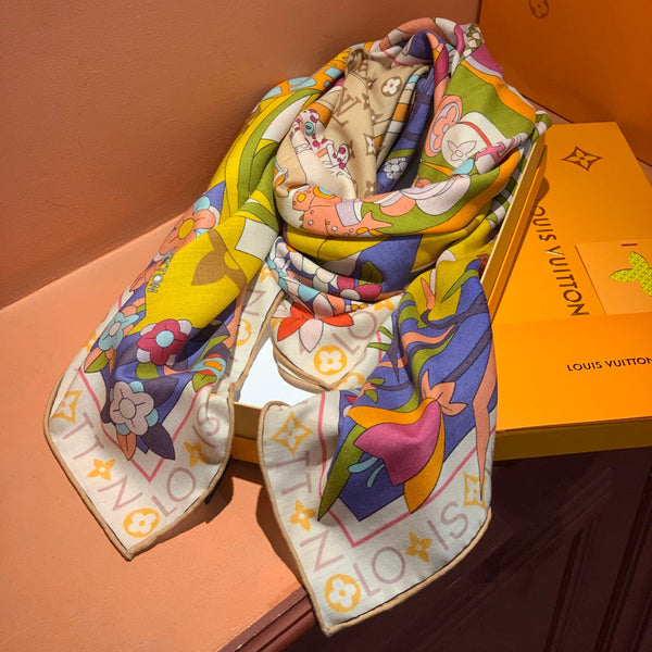 LV Double-sided Scarf 135cm Yellow Cashmere Silk 143727