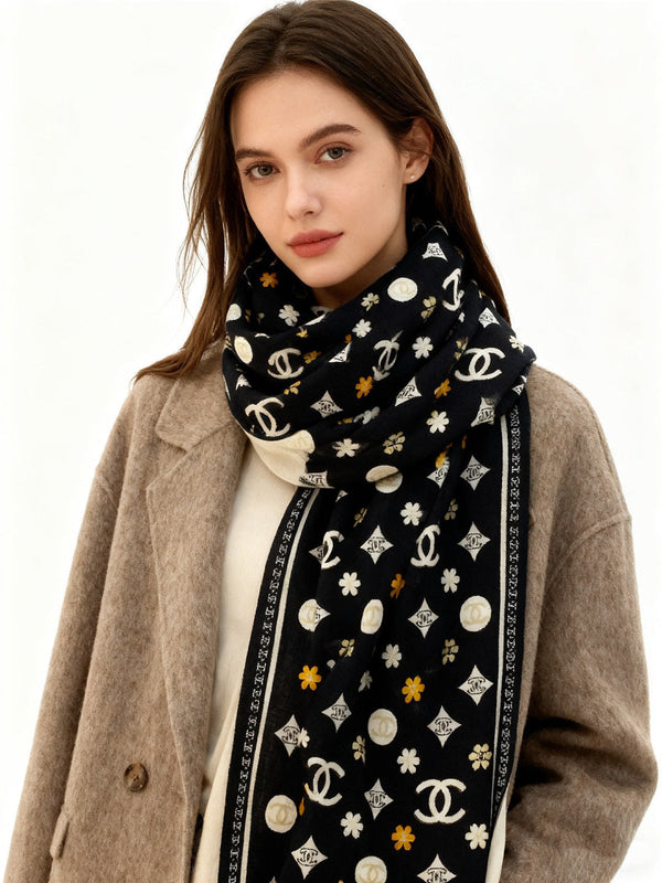 CC Scarf 140cm Black Monogram Silk Cashmere 143733