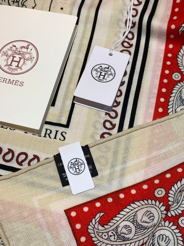 HM 26s Double-sided Scarf 140cm Cream Red Silk Cashmere 153143