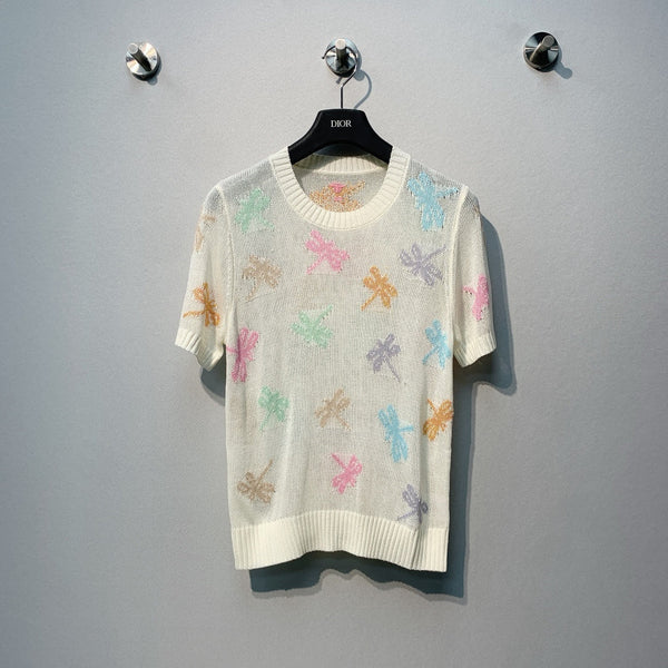 CD SS26 Dragonfly Embroidered Knit Top Ivory Cotton 350912