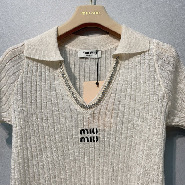 Miu 2026 Knit Polo Shirt Cream Wool 370201