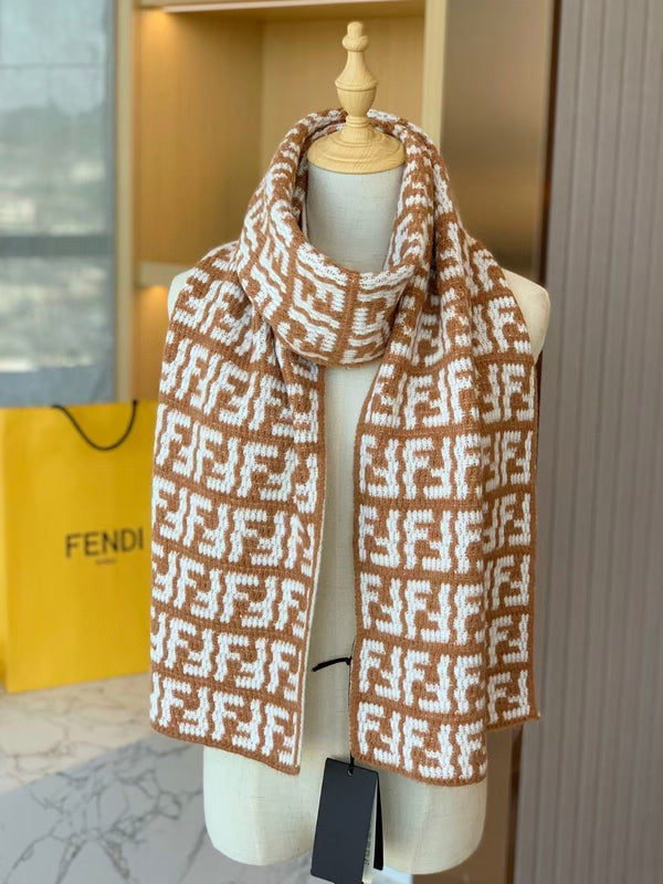 FF Jacquard 180CM Scarf Light Brown White Wool 104534