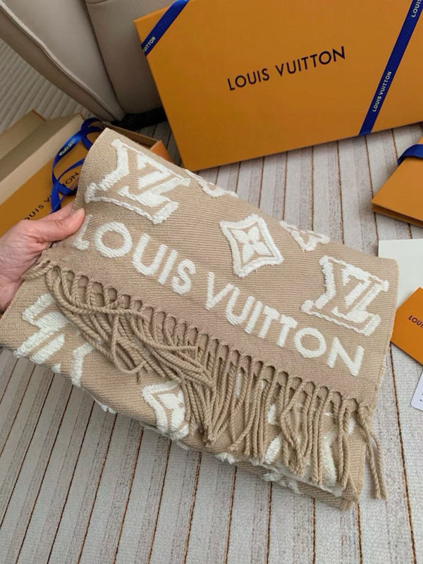 LV 3D Scarf 220cm Beige White Cashmere 973416