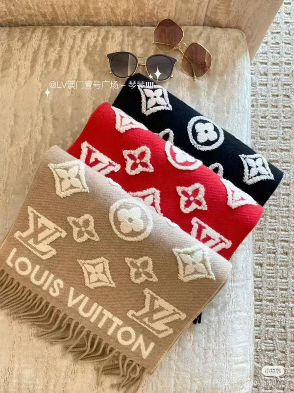 LV 3D Scarf 220cm Black White Cashmere 973417