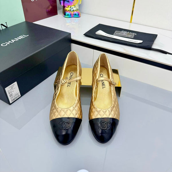 CC 25 Mary Jane Gold Metallic Quilted Black Lambskin 368133