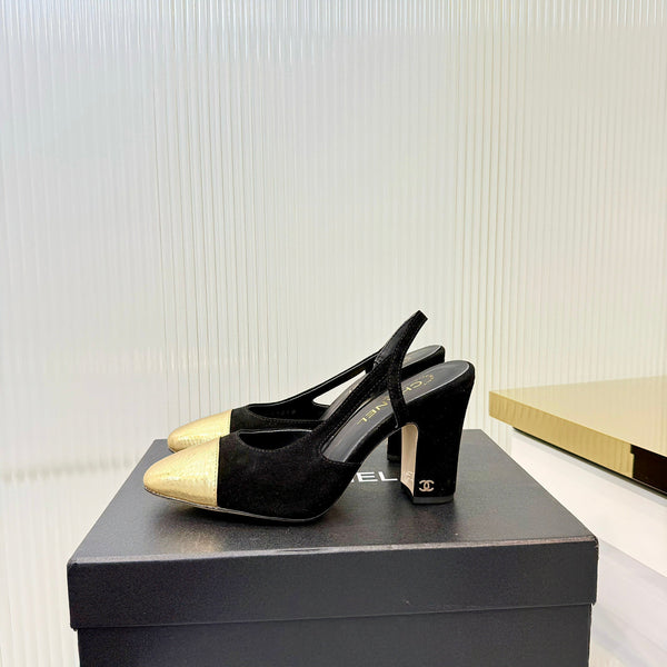 CC 26 Slingback High Heel 9cm Black Gold Suede 714013