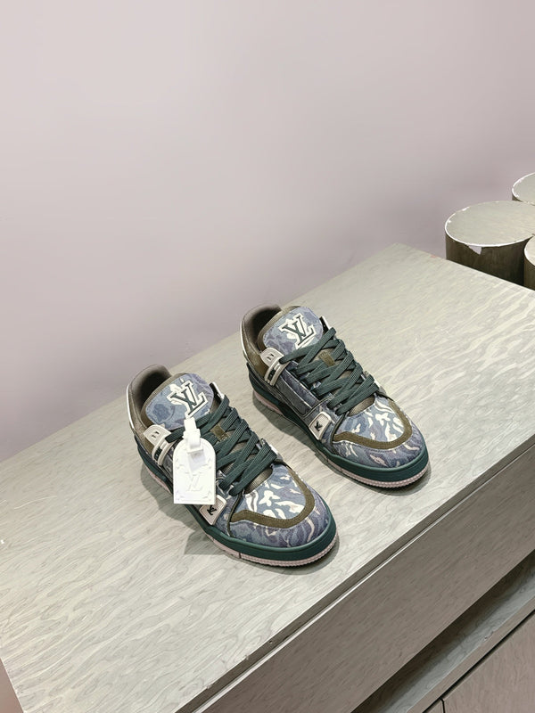 LV Trainer Sneakers Dark Oliver Monogram Denim 515188.