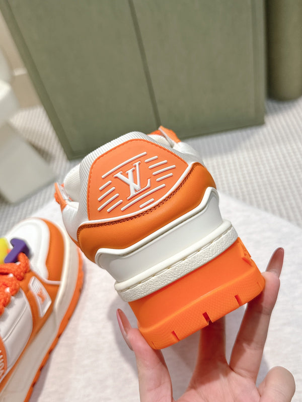 LV Trainer Maxi Sneakers White and Orange Calfskin Mesh 515201