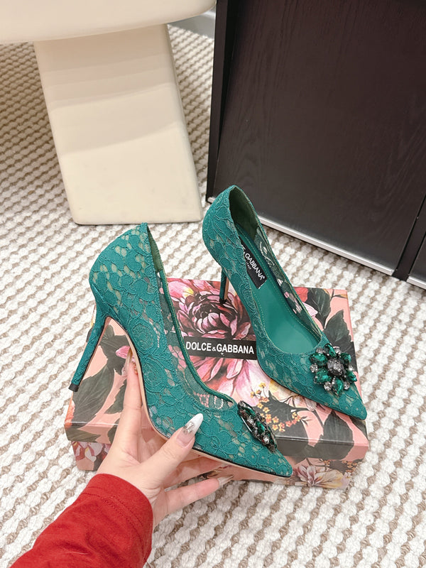 DG Pumps Crystals 9cm Teal Green Taormina Lace 663087