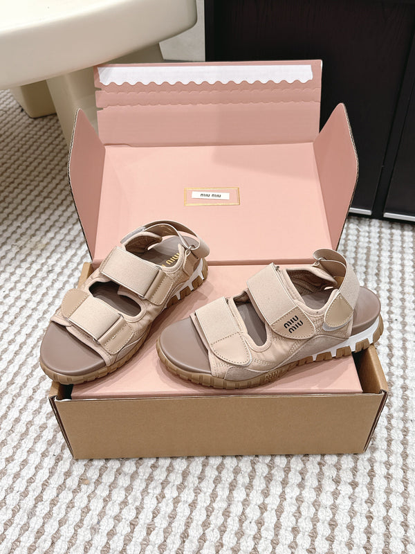 Miu 26s Velcro Sandals Light Brown Nylon Suede 632331