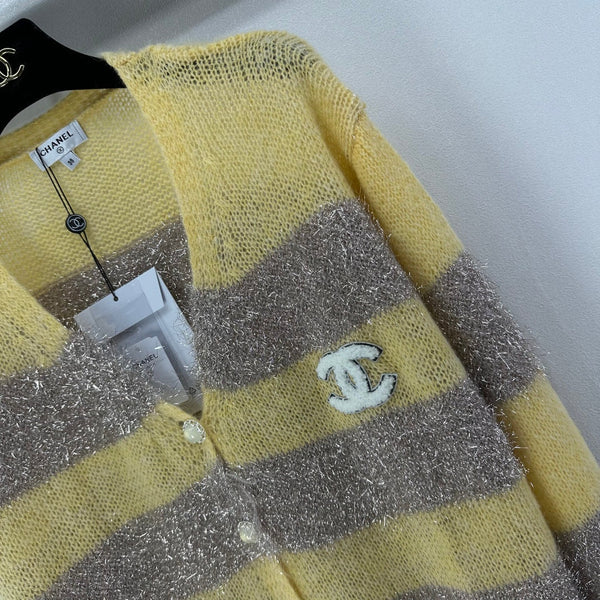 CC 26C Knit Long-Sleeve Cardigan Yellow Grey Stripes Wool Acrylic Nylon 349044