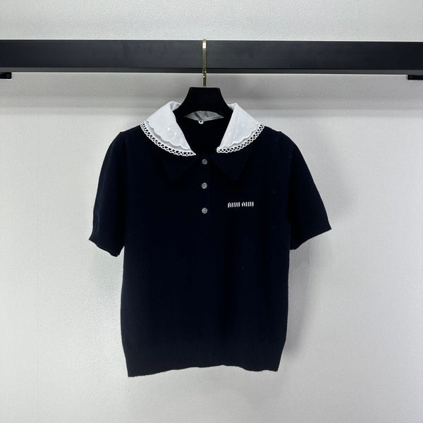 Miumiu 2026 Short-sleeved T-shirt Dark Blue Cashmere 349058
