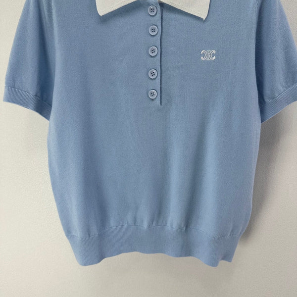 Celine Short-sleeved Polo Shirt Blue Cashmere Wool 349071