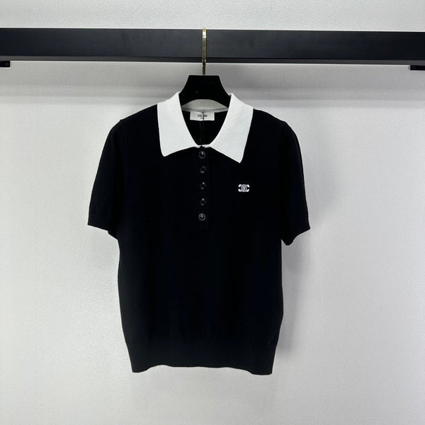 Celine Short-sleeved Polo Shirt Black Cashmere Wool 349073