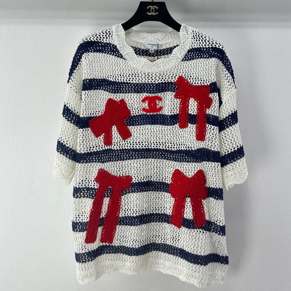CC 2026 Bow Striped Short Sleeved Shirt White Red Wool 360696