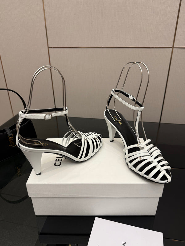 CL Cage Heeled Sandal 9cm White Calfskin 725648