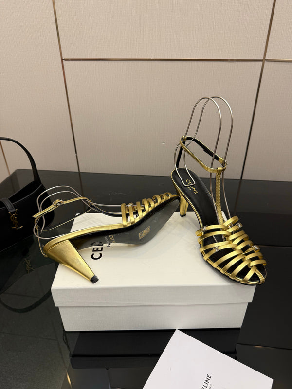 CL Cage Heeled Sandal 9cm Gold Calfskin 725649