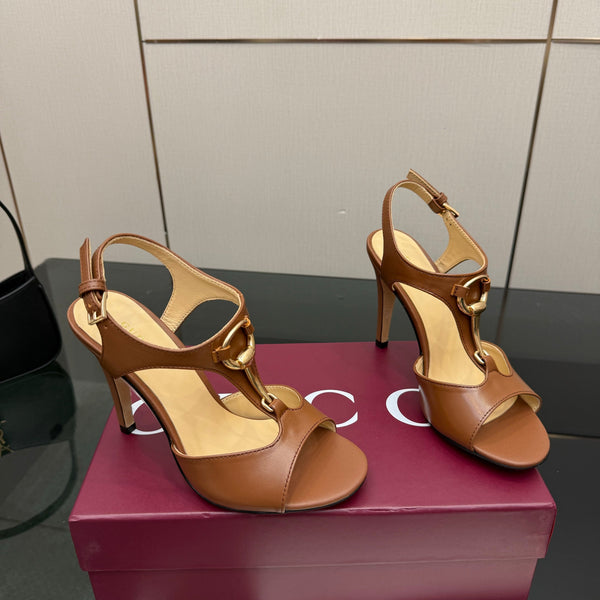 GG G-Buckle High-Heeled Sandals 10.5cm Brown Cowhide 725308