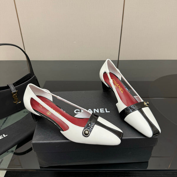 CC 26P Slingback 5cm White Black Lambskin Patent Leather 791606
