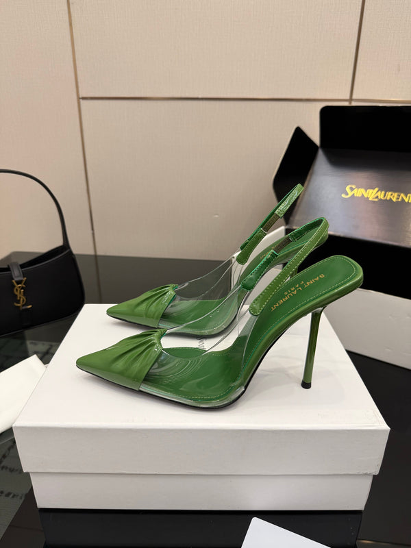 YSL Chica Slingback 10.5cm Green Leather 828240