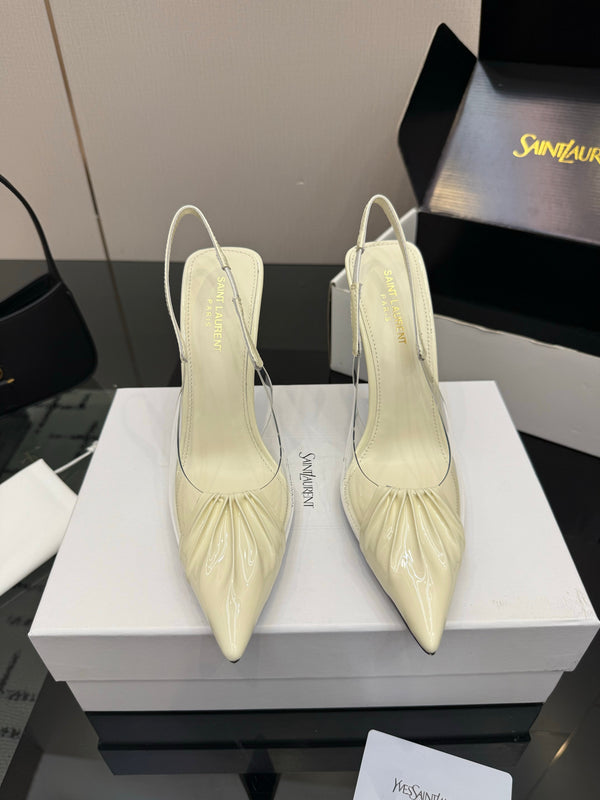 YSL Chica Slingback 10.5cm Cream Leather 828244