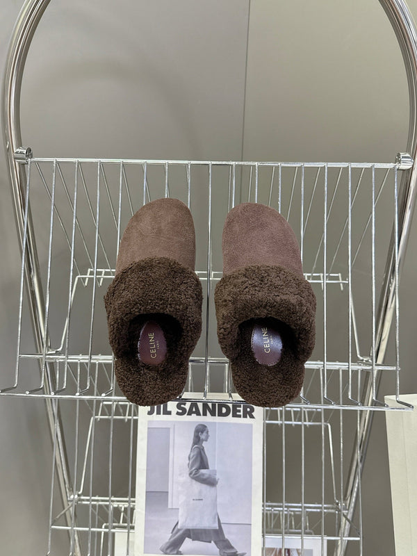 CL 26s Wedge Mules In Plum Brown Suede And Wool