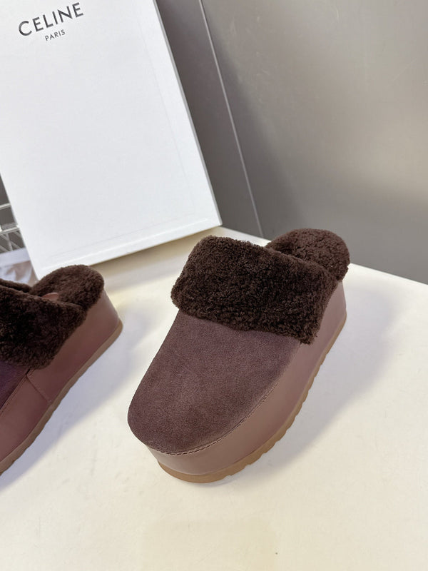 CL 26s Wedge Mules In Plum Brown Suede And Wool
