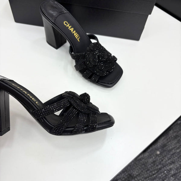 CC 25 Camellia Open Heel Mule Sandals 90mm Black Stone Grain And Sheepskin 368844