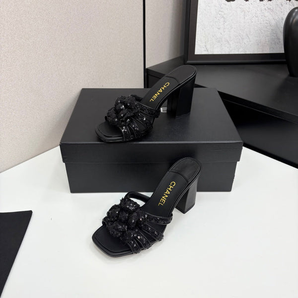 CC 25 Camellia Open Heel Mule Sandals 90mm Black Coarse Glitter Fabric And Sheepskin 368846