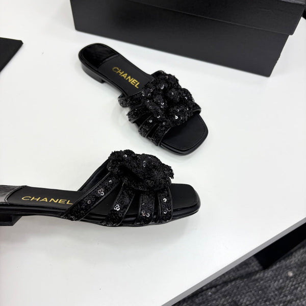 CC 25 Camellia Open Flat Mule Black Coarse Glitter Fabric And Sheepskin 368853