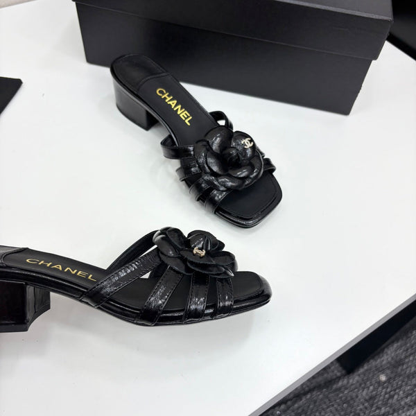 CC 25 Camellia Open Heel Mule Sandals 50mm Black Sheepskin 368855
