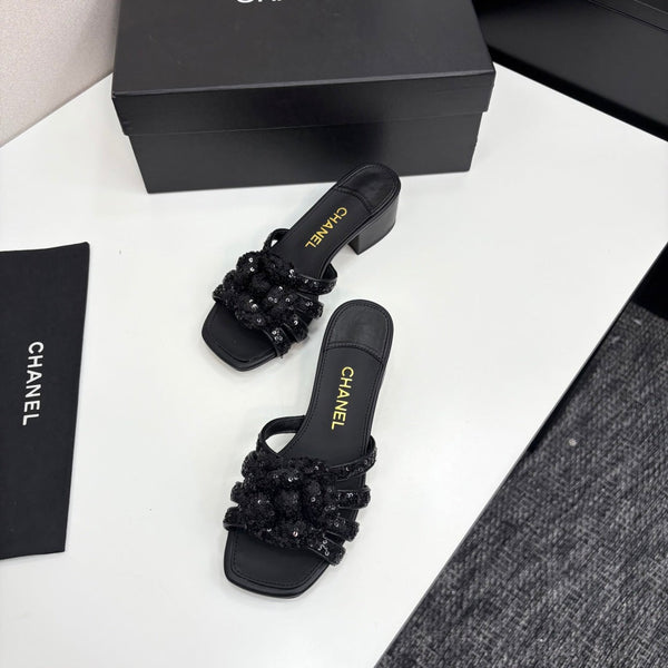 CC 25 Camellia Open Heel Mule Sandals 50mm Black Coarse Glitter Fabric And Sheepskin 368856