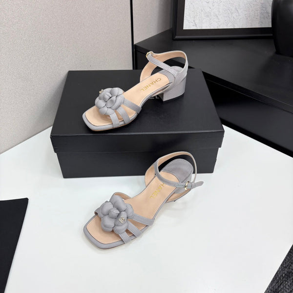 CC 25 Camellia Open Heel Sandals 50mm Grey Beige Sheepskin And Fabric 368814