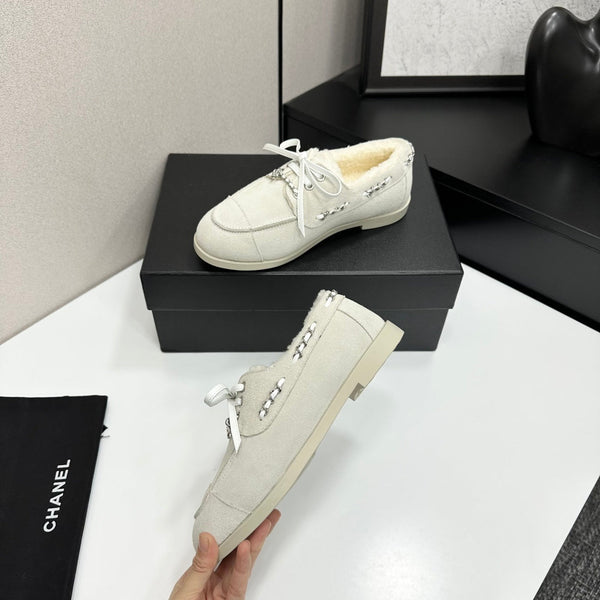 CC 26s Loafers Flat Light Gray Suede Leather Fur 109155
