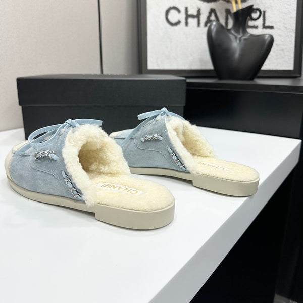 CC 26s Mules Flat Light Blue Suede Leather Fur 109161