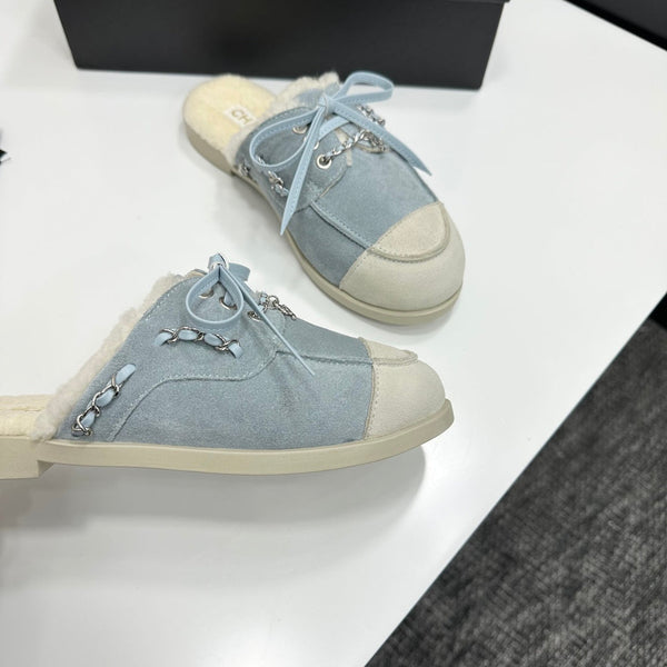 CC 26s Mules Flat Light Blue Suede Leather Fur 109161