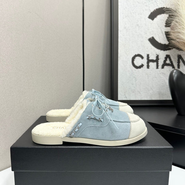CC 26s Mules Flat Light Blue Suede Leather Fur 109161