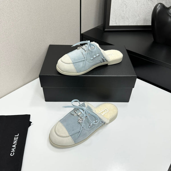 CC 26s Mules Flat Light Blue Suede Leather Fur 109161