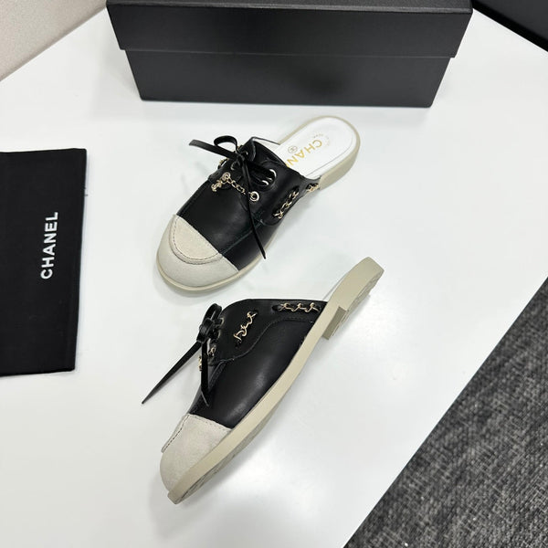 CC 26s Mules Flat Black Leather Suede 109164