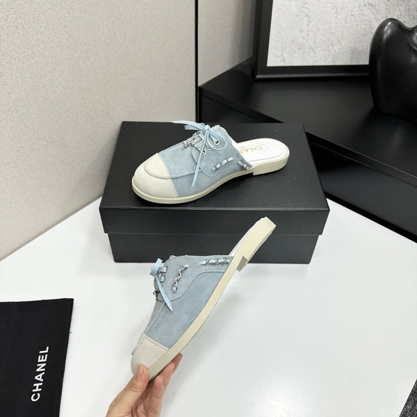 CC 26s Mules Flat Light Blue Suede Leather 109166