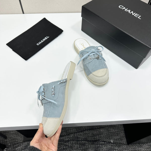 CC 26s Mules Flat Light Blue Suede Leather 109166